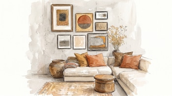 Acuarela de una sala de estar: sofá claro con cojines cálidos, pared con marcos de arte abstracto, alfombra, maceta decorativa y mesa auxiliar de madera.