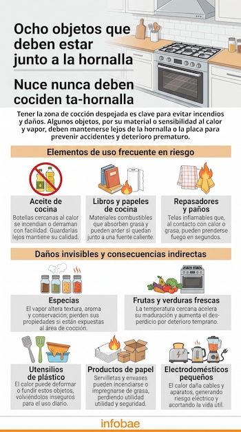Infografía sobre una cocina con ocho ilustraciones de objetos y textos explicativos sobre los riesgos de ubicarlos cerca de la hornalla.