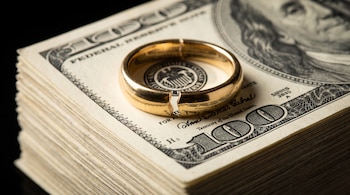 Un anillo de oro roto por la mitad sobre un fajo de billetes de cien dólares con fondo negro.