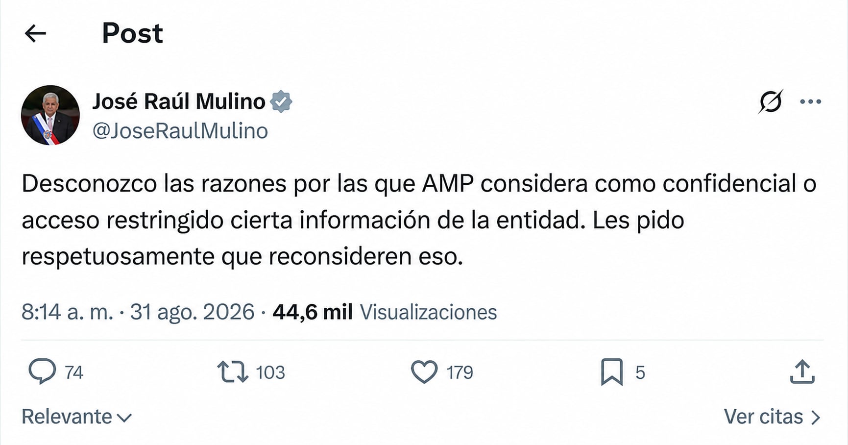 El presidente panameño, José Raúl Mulino, aseguró desconocer las razones utilizadas para restringir el acceso a determinados expedientes marítimos.