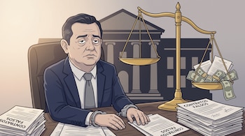 Hombre esposado con traje y corbata sentado en un escritorio con pilas de papeles y 'Contratos Falsos'. Al fondo, un tribunal y una balanza con billetes.
