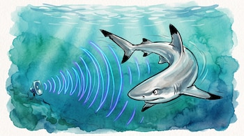 Ilustración de un tiburón con aletas negras que nada junto a ondas curvas emitidas por un altavoz en el fondo del mar.