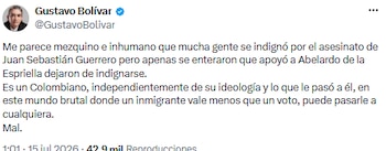 Gustavo Bolívar criticó la selectividad en la indignación por el crimen de Joan Sebastián Guerrero - crédito @GustavoBolívar/X