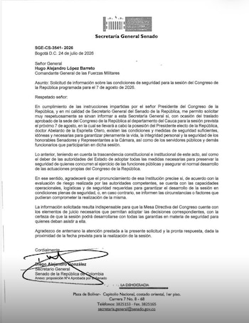 El secretario general del Senado, Diego González, envió oficios a la Policía, al Ejército y a las Fuerzas Militares de Colombia - crédito X