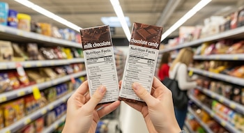 Primer plano de manos sosteniendo dos barras de chocolate, una 'milk chocolate' y otra 'chocolate candy', con sus etiquetas nutricionales visibles en un supermercado.