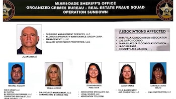 Ficha policial con fotografías de seis personas identificadas con sus nombres, junto a listas de empresas y asociaciones de condominios