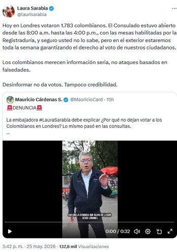 Laura Sarabia respondió a críticas sobre jornada electoral en Londres - crédito @laurisarabia/X