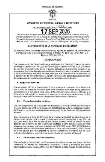 El Decreto Ley 1422 establece que las cajas de compensación podrán otorgar subsidios para arrendamiento temporal, mejoramiento o adquisición de vivienda - crédito Ministerio de Vivienda