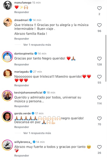 Captura de pantalla con comentarios de usuarios verificados en una red social con textos de condolencia y emoticonos