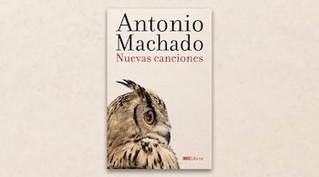 Portada de libro con el título Antonio Machado Nuevas canciones, la figura de un búho en la parte inferior y el logo de IndieLibros.