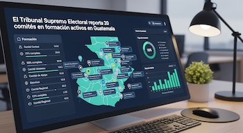 Monitor, teclado, ratón, lámpara de escritorio y planta sobre un escritorio, mostrando una infografía sobre comités electorales en Guatemala.