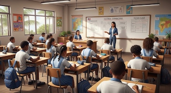 Un aula con una maestra frente a un pizarrón, quince alumnos sentados en pupitres, mapas en las paredes y ventanas grandes.