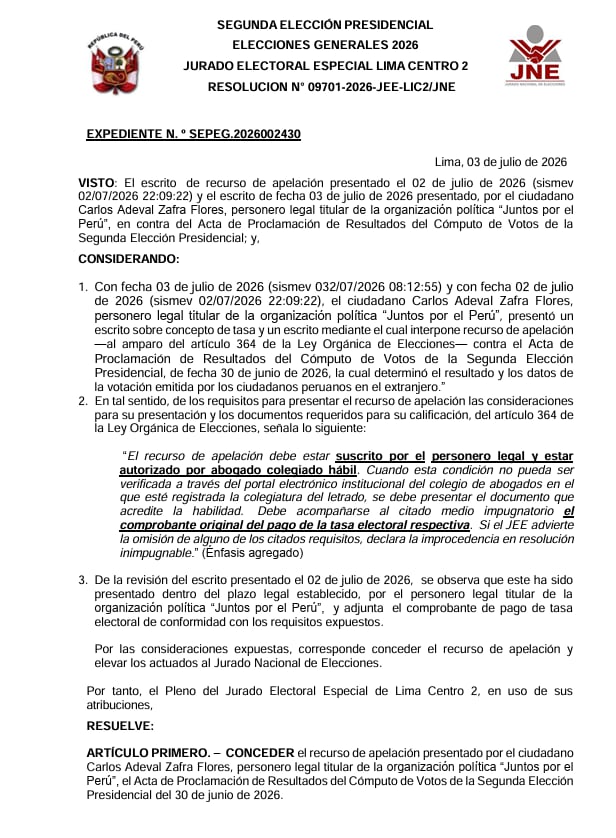 El Jurado Electoral Especial Lima Centro 2 concede el recurso de apelación de Juntos por el Perú contra el Acta de Proclamación de Resultados de la Segunda Elección Presidencial de 2026. (JNE)