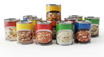 Varias latas metálicas de sopa con etiquetas de colores. Cada una presenta la imagen de una sopa en un tazón con una cuchara sobre fondo blanco.