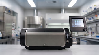 Primer plano de un bioreactor de laboratorio en tonos negro mate y gris metálico, con pantalla táctil en el lado derecho, sobre una mesa en un laboratorio difuminado.