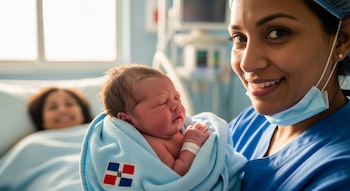 Enfermera sonriente con mascarilla bajada sostiene a un bebé recién nacido envuelto en una manta azul con la bandera dominicana, con la madre feliz de fondo.