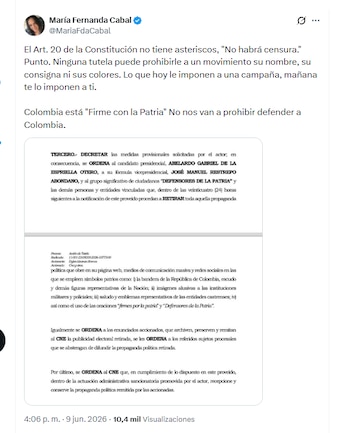 La senadora María Fernanda Cabal rechazó orden de retirar la propaganda electoral de Abelardo de la Espriella que tenga símbolos patrios - @MariaFdaCabal/X