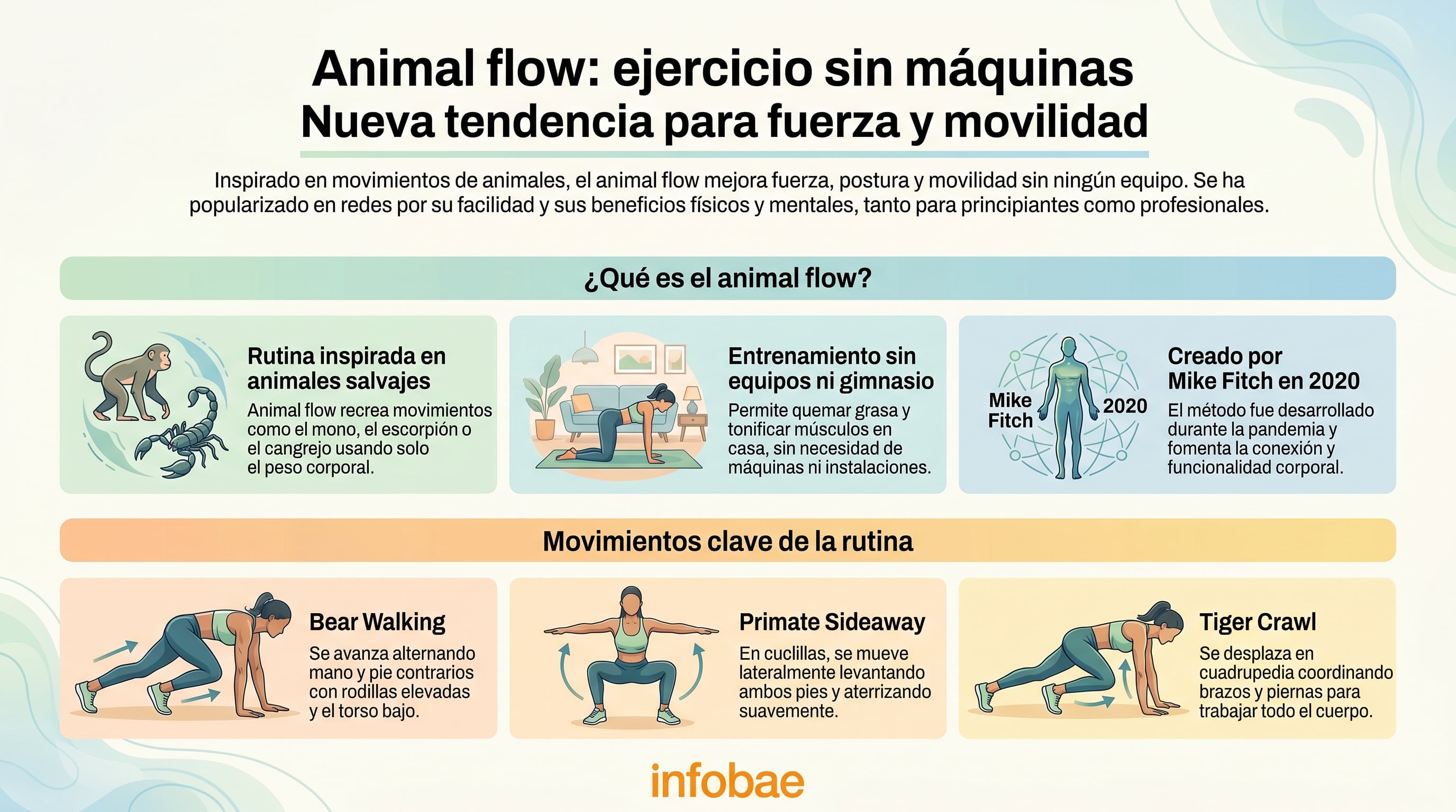 Una infografía presenta los fundamentos del Animal Flow, un entrenamiento funcional sin máquinas inspirado en movimientos animales, destacando sus beneficios y ejercicios clave como el Bear Walking y el Tiger Crawl. (Imagen Ilustrativa Infobae)