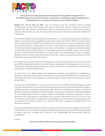 Los congresistas oficialistas señalaron que la restricción alcanzaría asuntos de alta sensibilidad para el sistema, citando la participación activa de la líder gremial en el estudio de la Unidad de Pago por Capitación - crédito Pacto Histórico