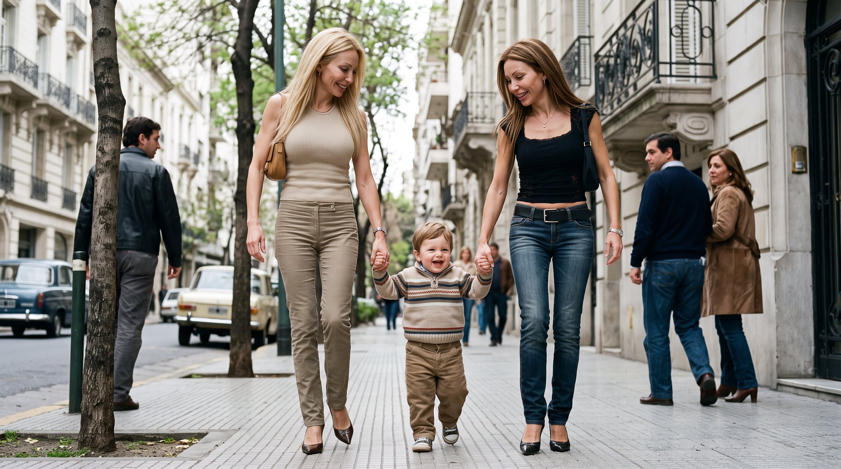 Sofía y Daniela de paseo con el nene que llenó de alegría sus días (imagen ilustrativa Infobae)