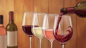 Cuatro copas de cristal con vino tinto, blanco y rosado, una botella que sirve vino tinto y dos botellas en el fondo de madera.