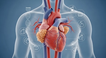 Ilustración 3D de un corazón humano dentro de un torso transparente, mostrando arterias con placas de colesterol. Gráficos de ADN y alimentos rodean el órgano.