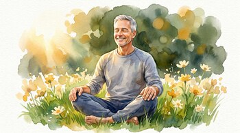 Ilustración acuarela de un hombre de unos 55 años, cabello canoso, sentado con piernas cruzadas en pasto verde con flores amarillas y blancas, ojos cerrados y sonriendo, bañado por luz cálida matutina.