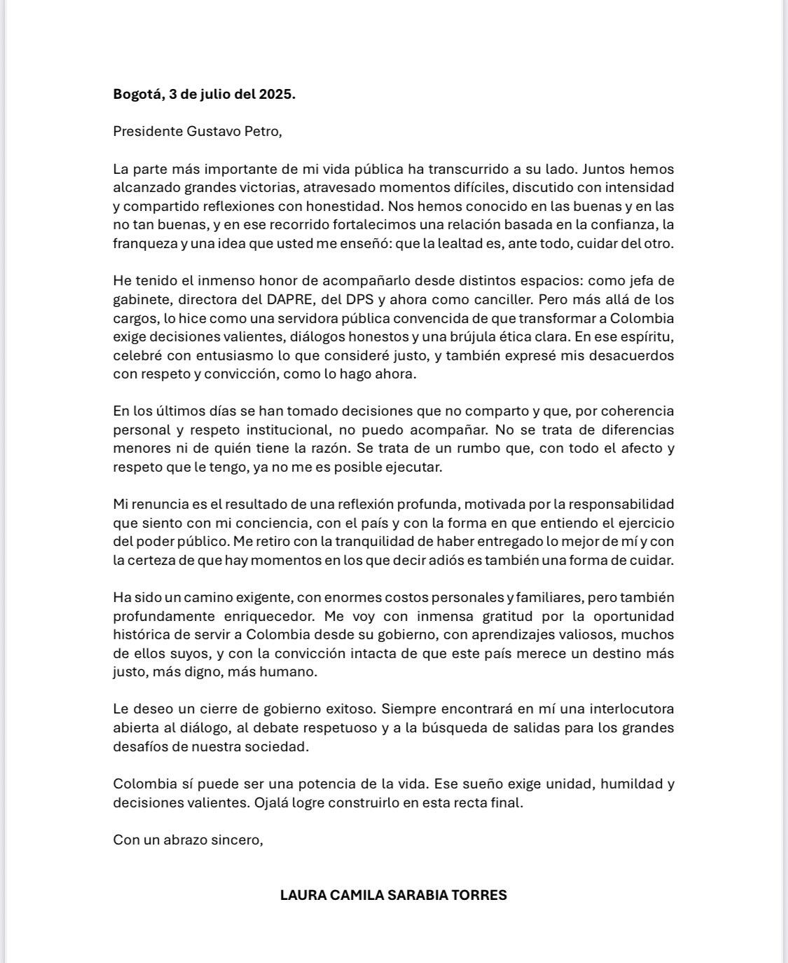Carta de renuncia de Laura Sarabia - Colombia - crédito @laurisarabia / X