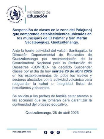 Captura de pantalla de un comunicado oficial del Ministerio de Educación de Guatemala anunciando la suspensión de clases en Quetzaltenango