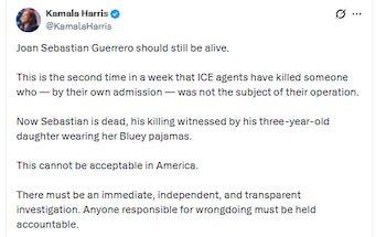 Kamala Harris se pronunció por la muerte de Joan Sebastián Durán, en un procedimiento del ICE - crédito @KamalaHarris/X
