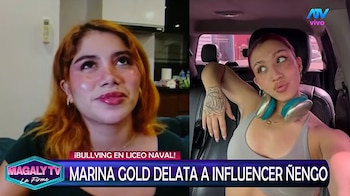 Captura de pantalla dividida que muestra a dos mujeres y un titular informativo del programa de televisión Magaly TV La Firme