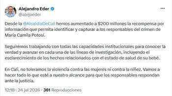 Alejandro Eder, alcalde de Cali, confirmó que la recompensa por información para identificar y capturar a los responsables del crimen de María Camila Potosí - crédito @alejoeder/X