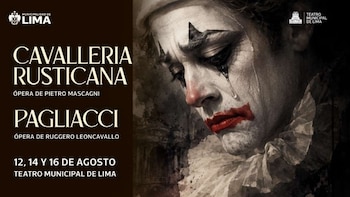 Afiche con texto blanco sobre fondo marrón a la izquierda y retrato en blanco y negro de un payaso llorando con maquillaje a la derecha