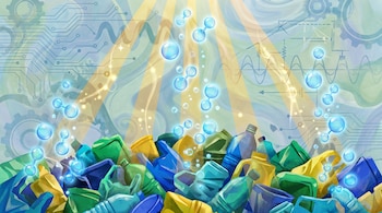Ilustración de un montículo de residuos plásticos de colores, con rayos de sol transformándolos en esferas de hidrógeno azul que ascienden, sobre un fondo científico abstracto.