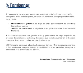 Las reuniones programadas entre ambas instituciones buscan validar soportes y avanzar en procesos de conciliación financiera, permitiendo así una liberación progresiva de recursos y el saneamiento de cuentas - crédito Famisanar