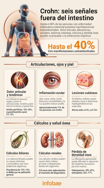 Infografía con la silueta de un cuerpo humano y seis recuadros con ilustraciones de articulaciones, ojo, piel, vesícula, riñones y tejido óseo.