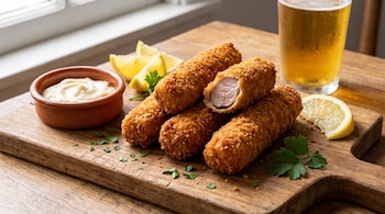 Bastones fritos empanados sobre una tabla de madera, un cuenco con salsa, trozos de limón y un vaso con cerveza.