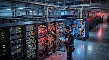 Un técnico con tableta inspecciona armarios de servidores en un centro de datos con cables rojos y un gabinete iluminado en azul.