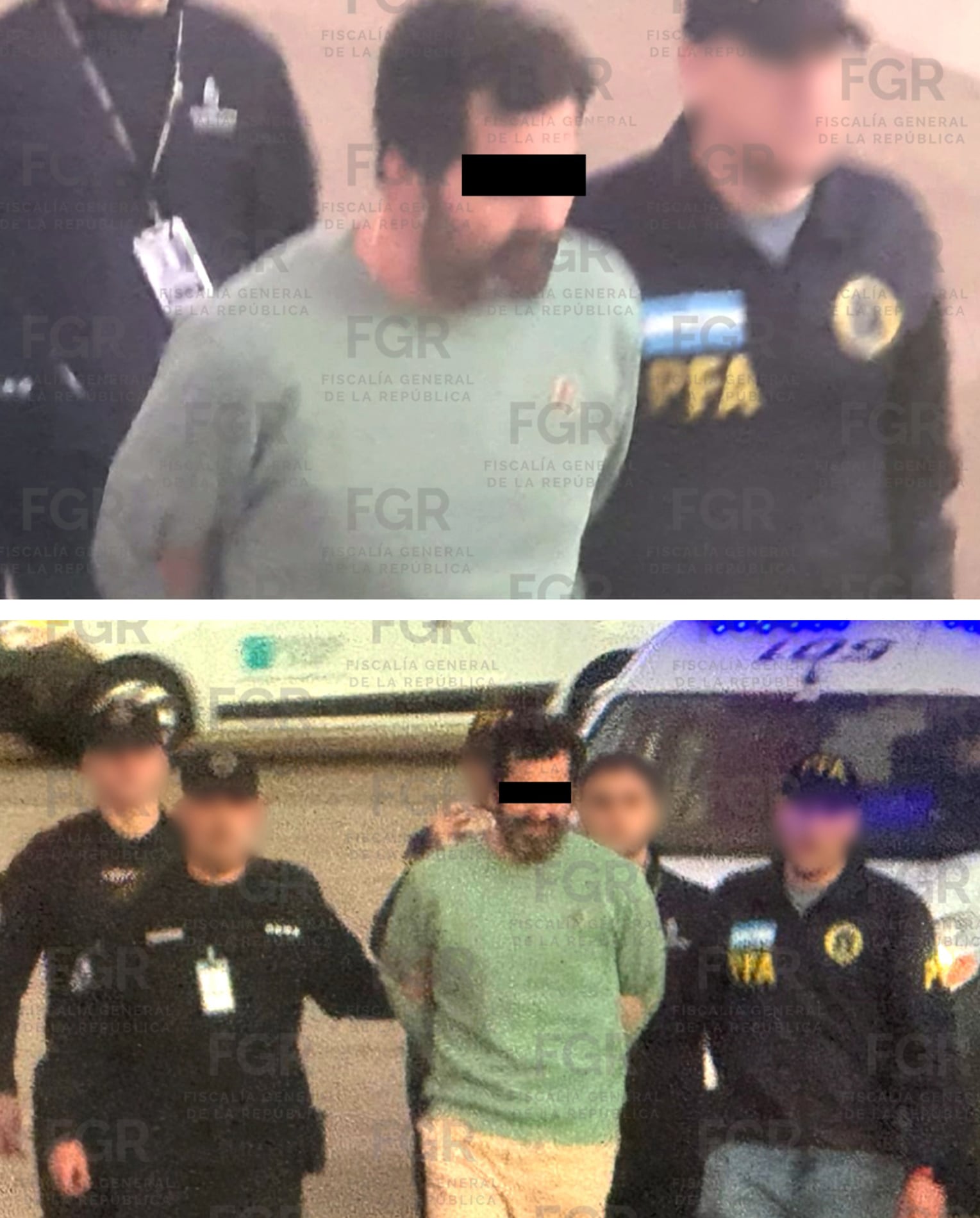 Combo de fotografías cedidas por la Fiscalía General de la República de México (FRG), que muestra el traslado del contraalmirante Fernando Farías Laguna (c) este jueves, desde Argentina a Ciudad de México. EFE/ Fiscalía General De La República De México