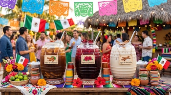 Tres vitroleros de vidrio con bebidas de color marrón, rojo y blanco sobre una mesa adornada con banderas de México y papel picado.