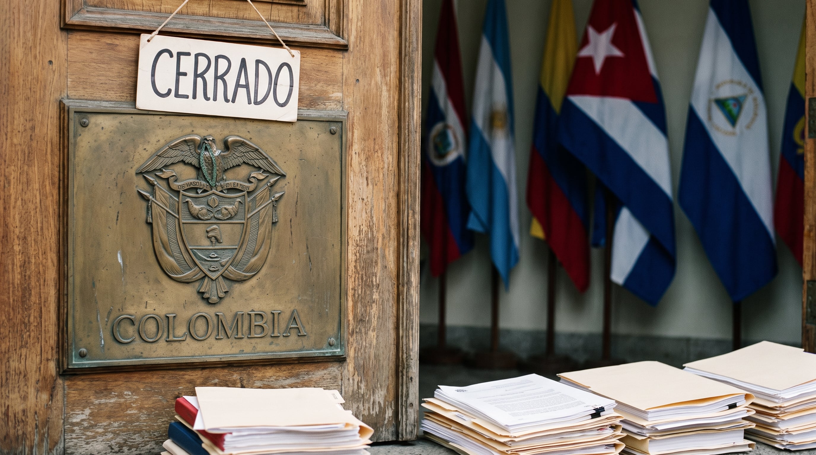 La puerta de una embajada de Colombia exhibe un cartel de 'Cerrado' y documentos diplomáticos apilados en el primer plano. (Imagen Ilustrativa Infobae)