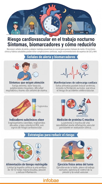 Infografía sobre riesgo cardiovascular en trabajo nocturno con ilustraciones de personal médico, industrial y de transporte; corazón, síntomas y estrategias.