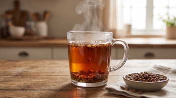 Taza de vidrio transparente con infusión caliente de cebada y granos, vapor visible, junto a un cuenco con granos de cebada y un mantel sobre una mesa de madera.