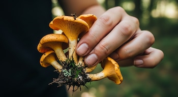 Una mano sostiene un racimo de hongos silvestres de color naranja amarillento con tierra y musgo en la base, contra un fondo borroso de bosque.