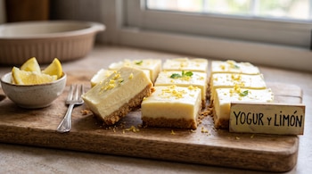 Cuadrados de tarta sobre una tabla de madera, un cuenco con gajos de limón, un tenedor y un letrero que dice Yogur y limón.