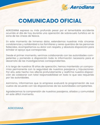 Documento con título Comunicado Oficial y logo de Aerodiana. Texto en español que emite condolencias y anuncia colaboración por un accidente