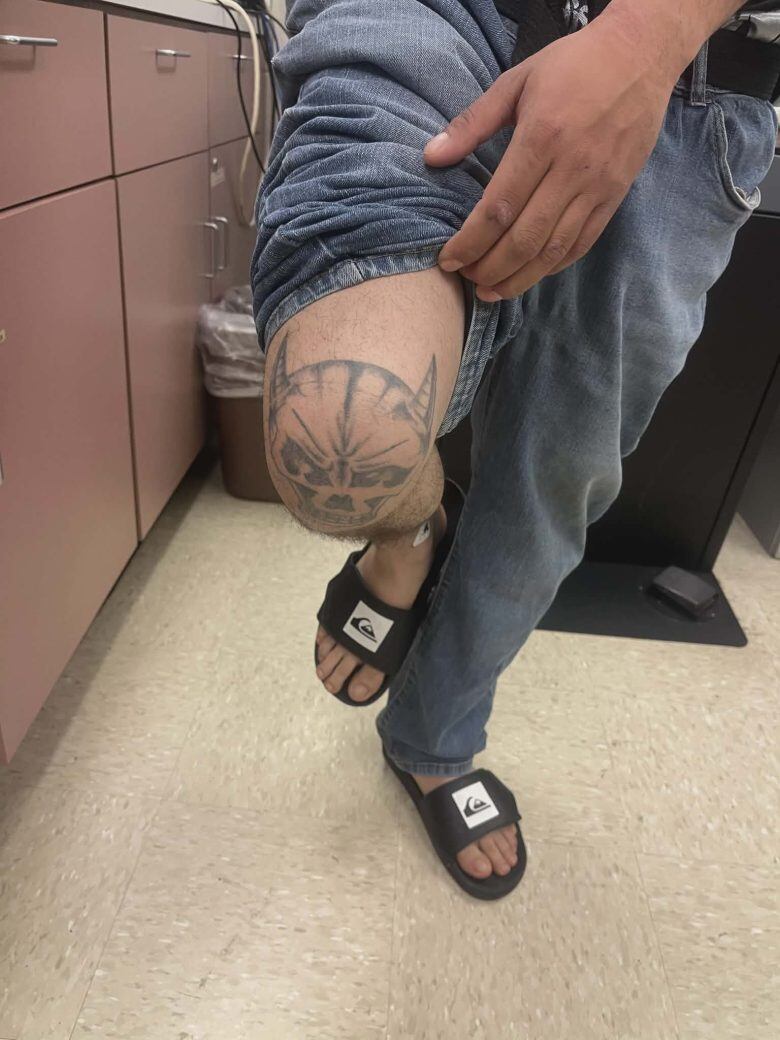 Tatuaje en la pierna de Jonathon Josue Ayala Meléndez, presunto miembro de la MS-13, tras su detención en el condado de Lee, Carolina del Norte (Foto cortesía Qué Pasa Media Network).
