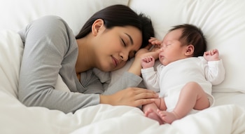 Primer plano de una madre joven durmiendo de lado con los ojos cerrados, junto a su bebé recién nacido que duerme boca arriba, ambos sobre ropa de cama blanca.