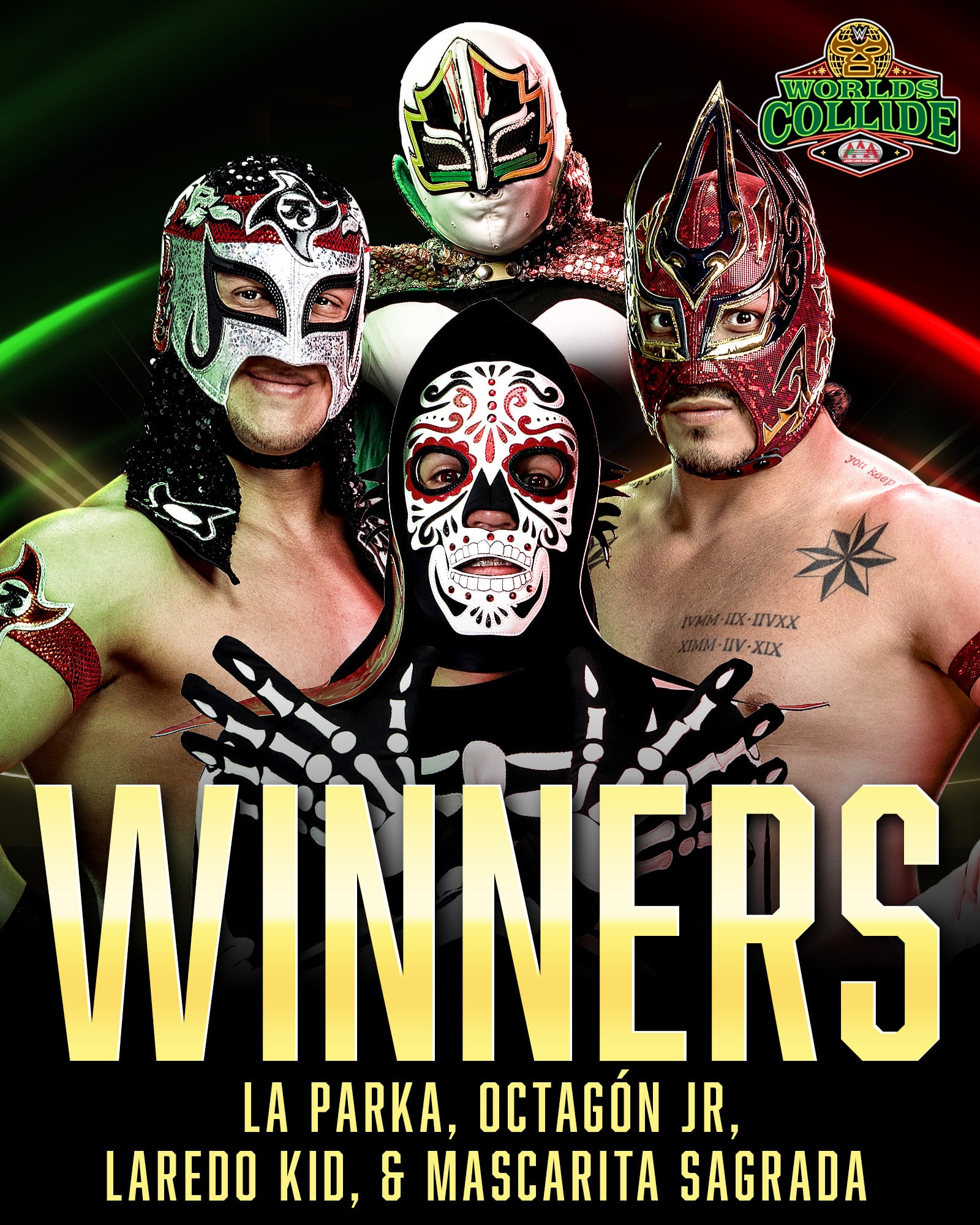 Victoria para Parta, Octagon Jr., Laredo Kid e Sival Sivith Santo. Foto da conta xwwe