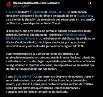 Las autoridades militares atribuyeron las acciones con explosivos a la guerrilla del Ejército de Liberación Nacional - crédito @Ejercito_Div7 / X